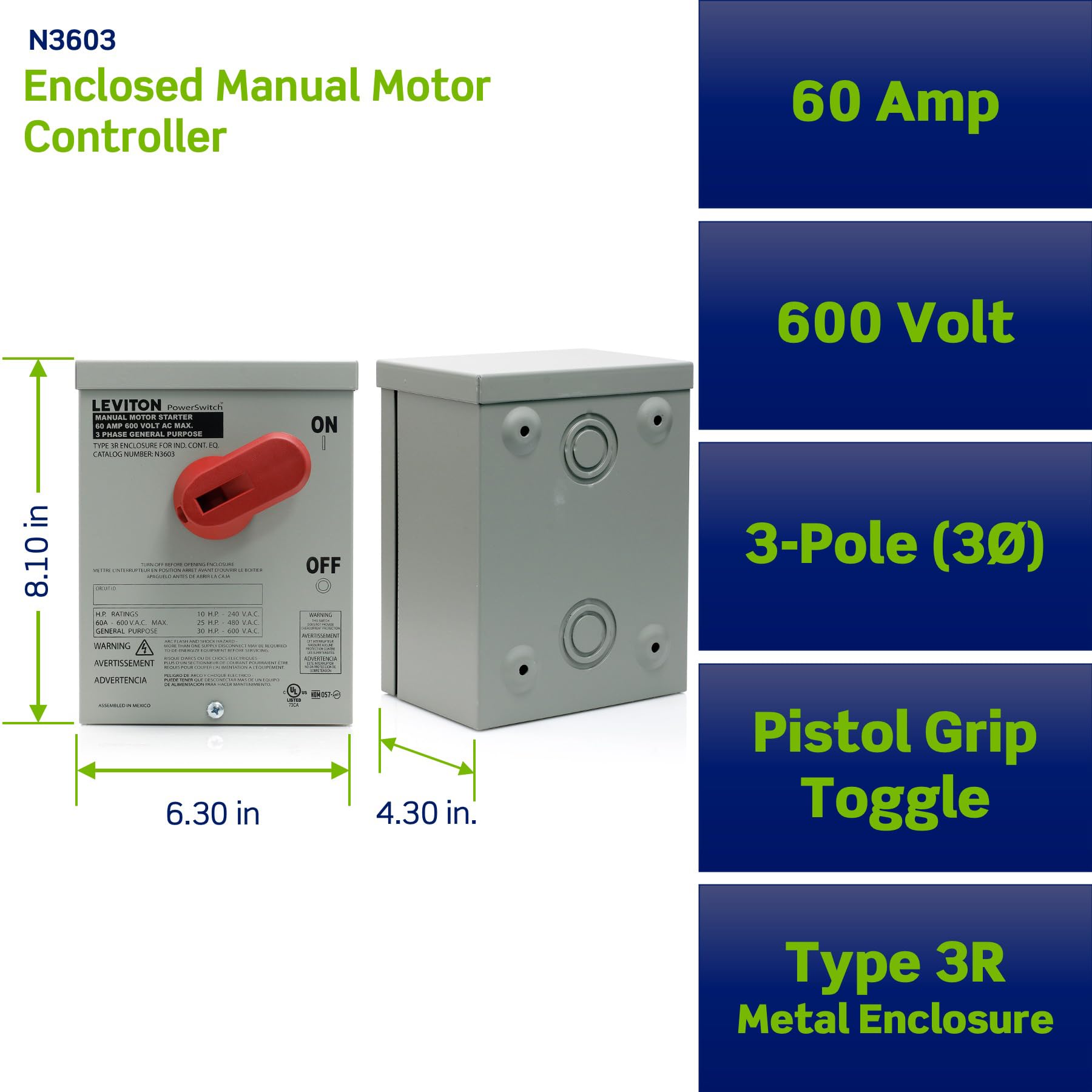 Leviton 60 Amp, 600 Volt, Toggle In Type 3R Enclosure Three-Pole